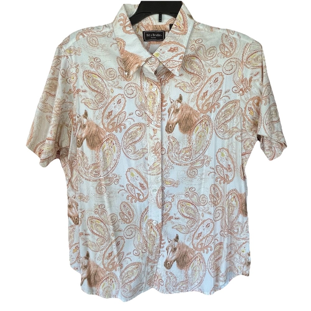 Vtg Bit & Bridle Shirt Blouse Women Horses Paisley Short Sleeve Stretch Size L